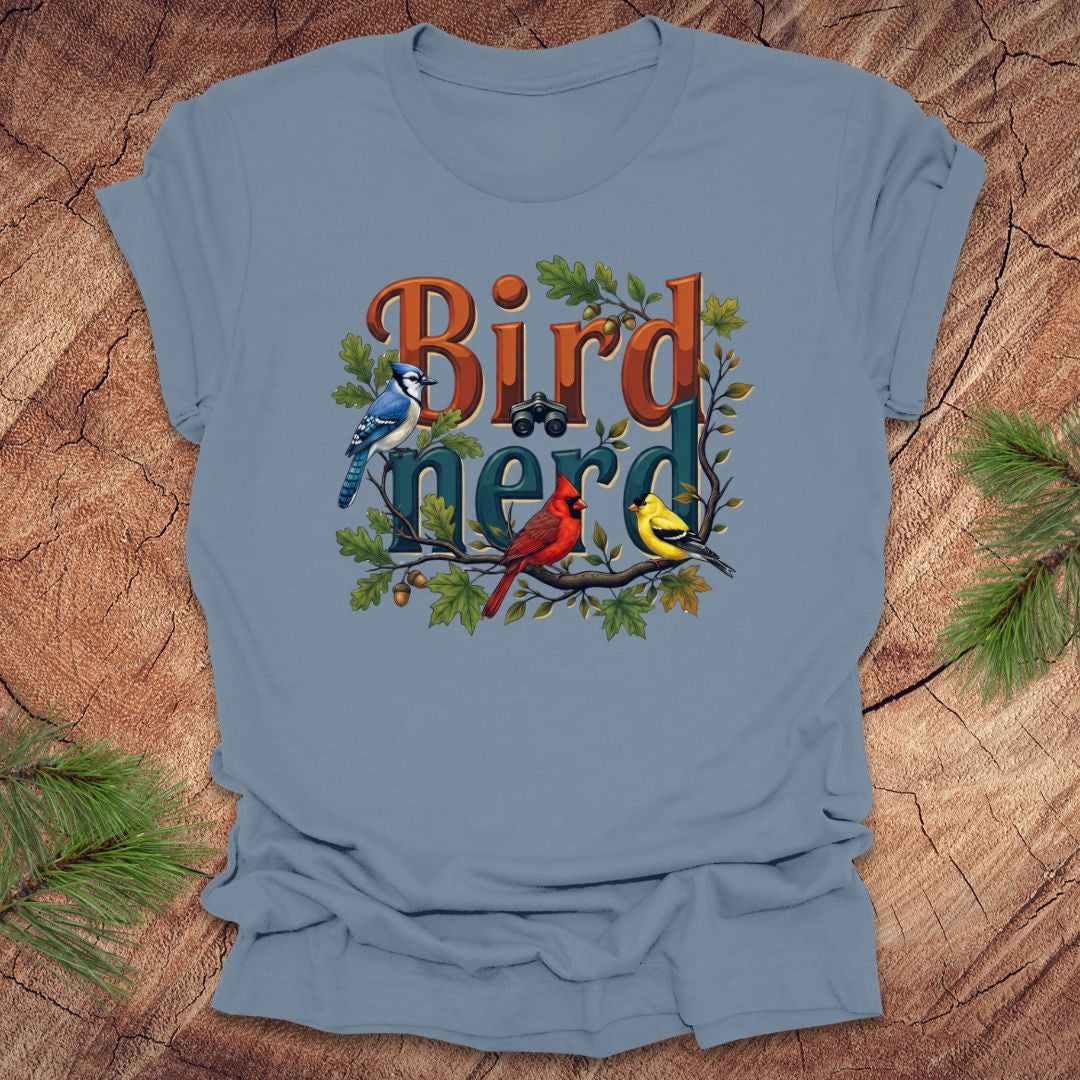 Blue t-shirt with 'Bird Nerd' design featuring birds on a wooden background