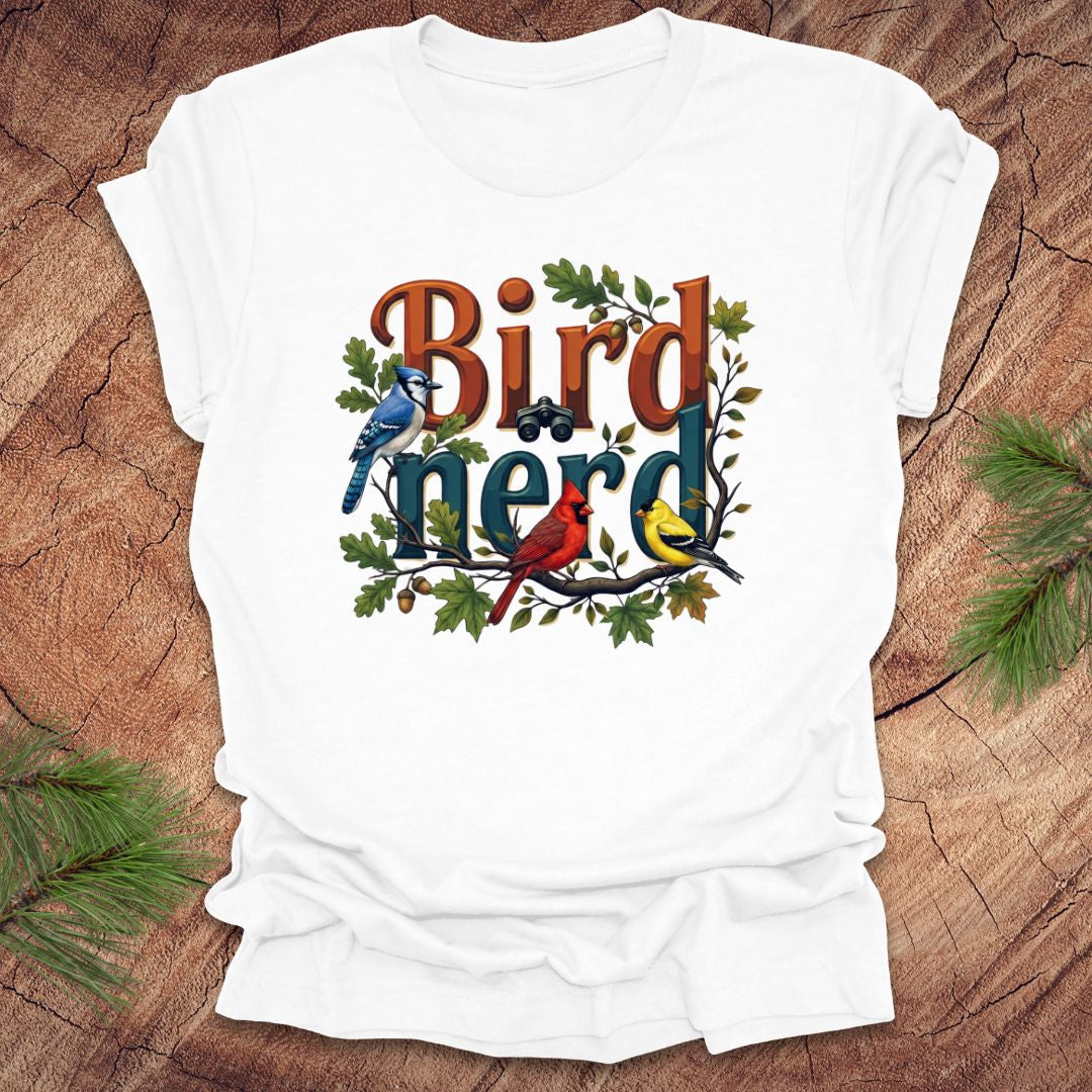 White t-shirt with 'Bird Nerd' design featuring birds on a wooden surface