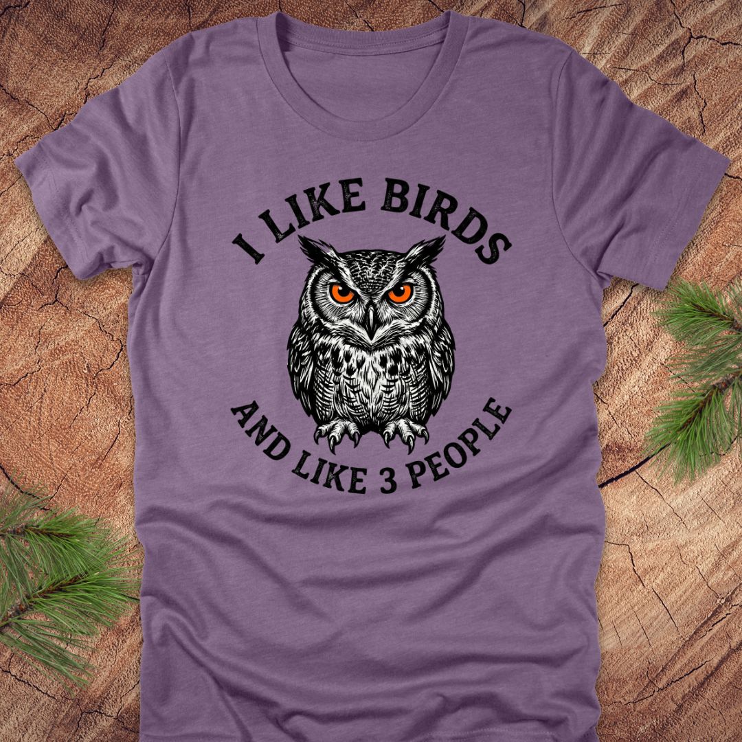 Purple t-shirt with an owl graphic and text, 'i like birds and like 3 people' on a wooden surface