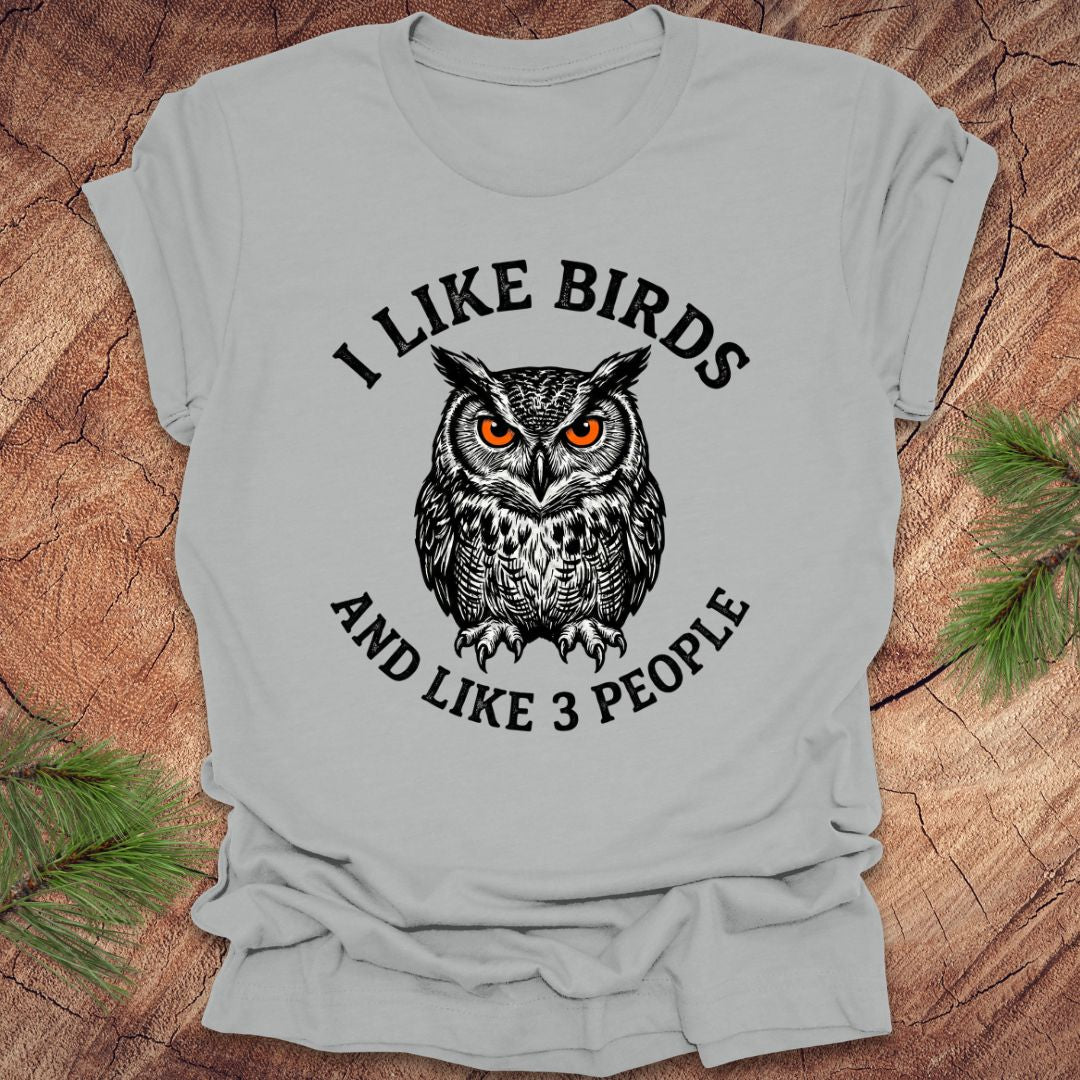 Silver t-shirt with an owl graphic and text, 'i like birds and like 3 people' on a wooden surface