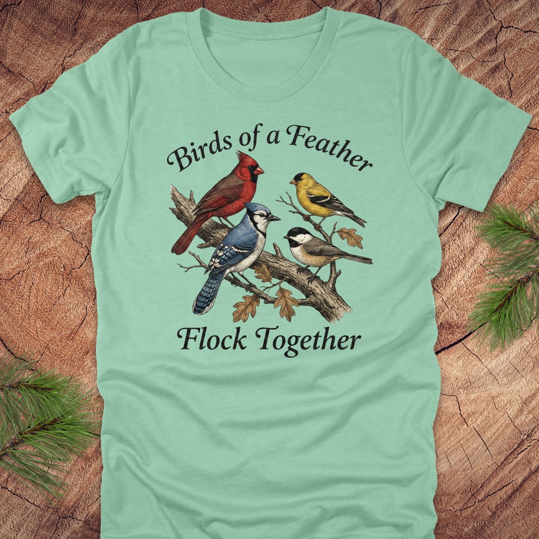 Light green t-shirt with bird illustration and text on a wooden surface