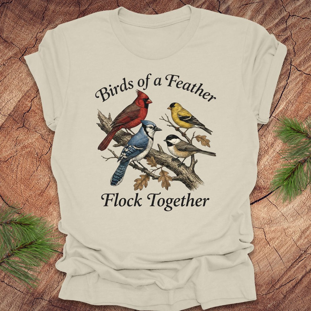 Beige t-shirt with bird illustration and text on a wooden surface