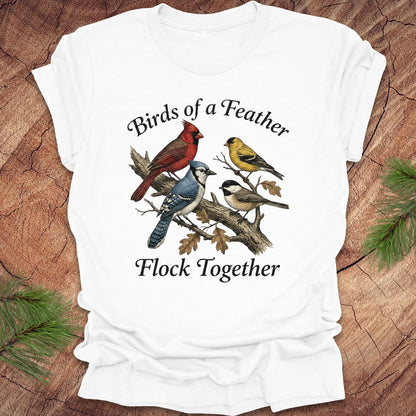 White t-shirt with bird design and text on a wooden surface