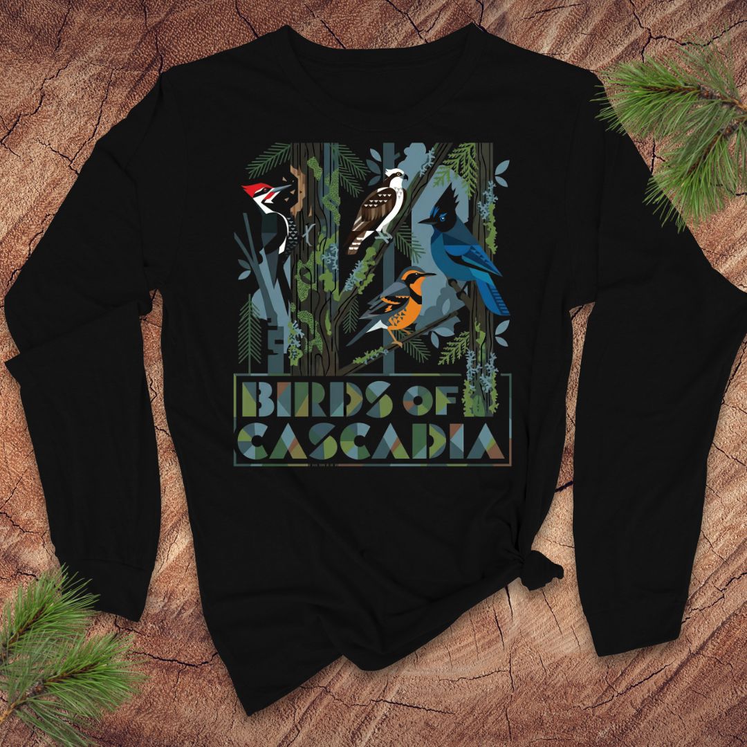 Black long-sleeve tshirt with 'Birds of Cascadia' design featuring various birds on a wooden surface.