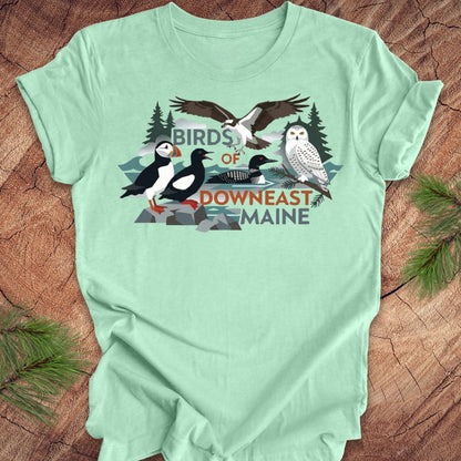Mint green t-shirt with birds of downeast maine graphics and text on a wooden surface
