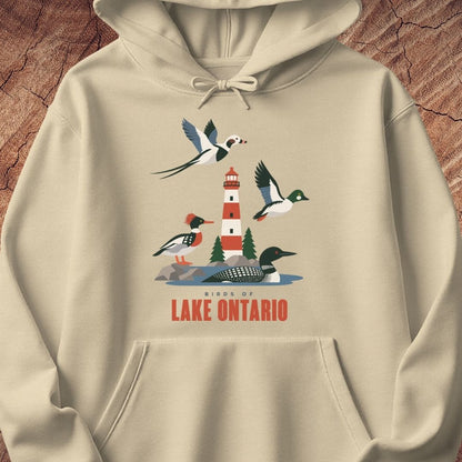 A beige pullover hoodie featuring a colorful graphic print of birds and a lighthouse around Lake Ontario, with the text 'BIRDS OF LAKE ONTARIO' printed below the illustration.