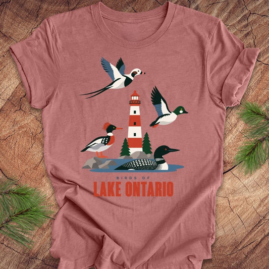 A dusty rose short-sleeve t-shirt laid flat on a rustic wood background with pine branches in the corners. The shirt features a colorful graphic of birds and a lighthouse labeled 'BIRDS OF LAKE ONTARIO'.
