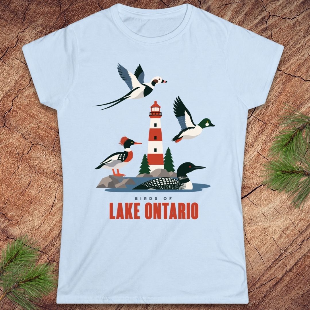 A light blue short-sleeve graphic T-shirt laid flat on a wood surface with pine branches around it. The shirt features an illustrated scene of birds around a red-and-white lighthouse with the text 'BIRDS OF LAKE ONTARIO' in red and black.