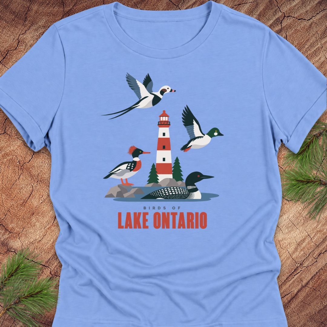 Carolina blue women's relaxed t-shirt with a red-and-white lighthouse, loon, merganser, goldeneye, and long-tailed duck above 'Birds of Lake Ontario' text, laid flat on a rustic wood background with pine branches.