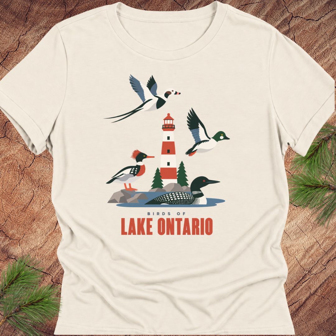 Natural cream women's relaxed t-shirt with a red-and-white lighthouse, loon, merganser, goldeneye, and long-tailed duck above 'Birds of Lake Ontario' text, laid flat on a rustic wood background with pine branches.