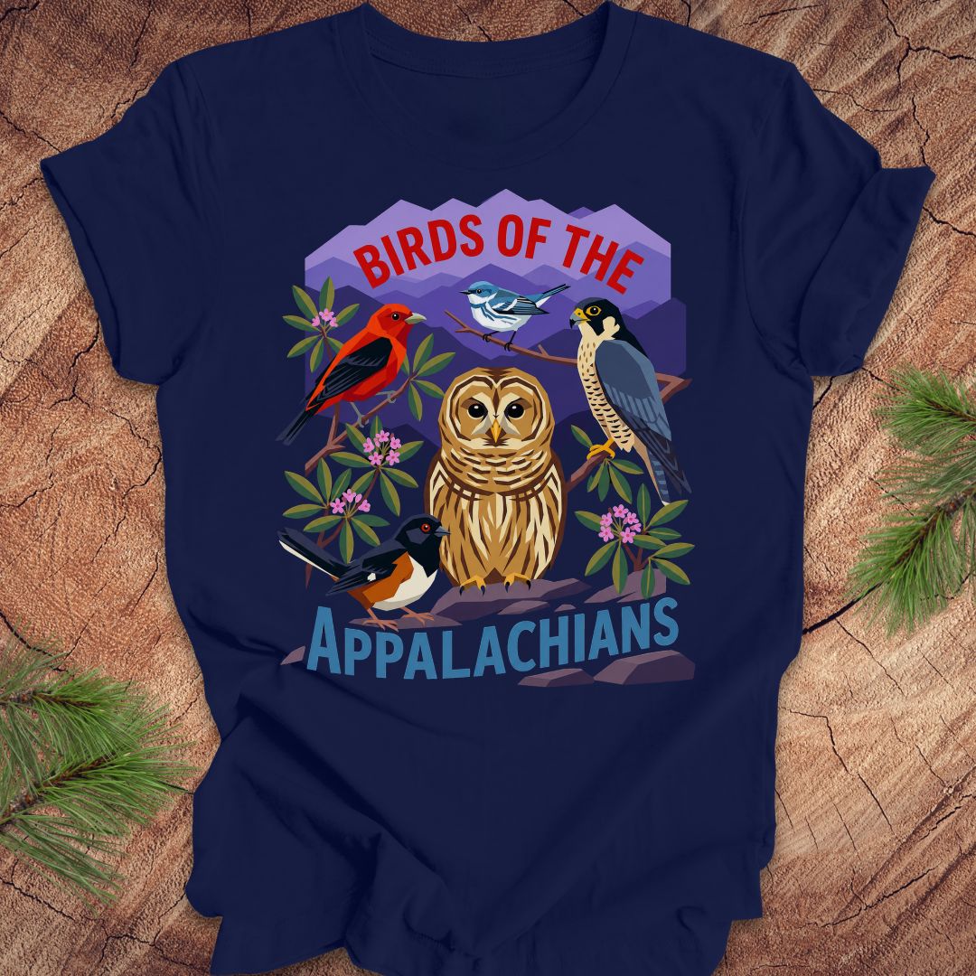 Navy blue t-shirt with 5 birds and text, 'birds of the appalachians' on a wood background.