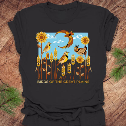 Dark gray t-shirt with 'Birds of the Great Plains' design featuring birds, sunflowers, and a moon on a wooden background.