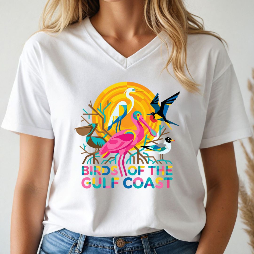White t-shirt with colorful 'Birds of the Gulf Coast' design worn by a person.