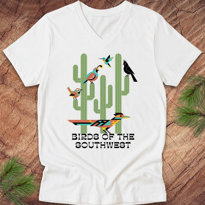 White t-shirt with text, 'birds of the southwest' and cactus on a wood background.