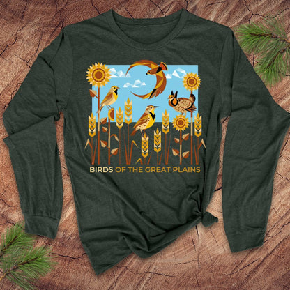 Green long-sleeve shirt with 'Birds of the Great Plains' design on a wooden surface.