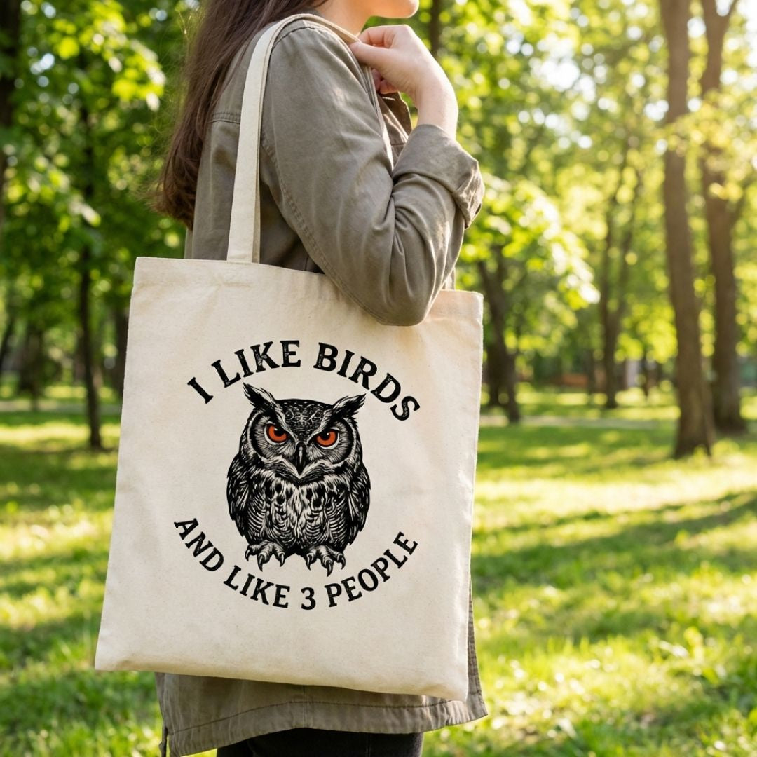 A woman in a park setting holding a canvas tote bag over her shoulder. the bag has an owl design with text, 'i like birds and like 3 people'.