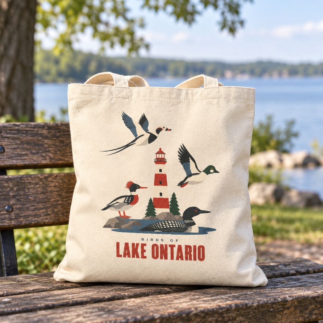 A natural canvas tote bag with a 'Birds of Lake Ontario' graphic print, sitting on a wooden bench with a scenic lake and trees in the background.