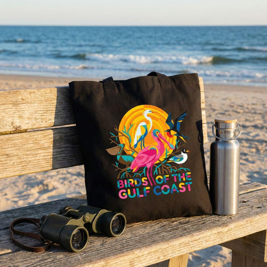 Black tote bag with 'Birds of the Gulf Coast' design on a wooden bench at the beach.