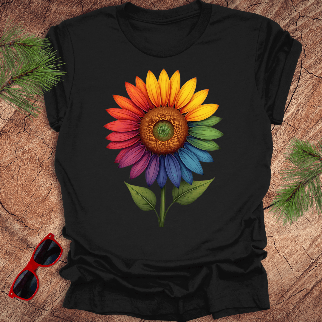 Black tshirt with a bold rainbow sunflower graphic on a wood background.