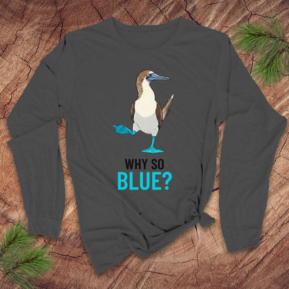 Dark gray long-sleeve shirt with a blue-footed booby bird graphic and 'Why So Blue?' text on a wooden surface.