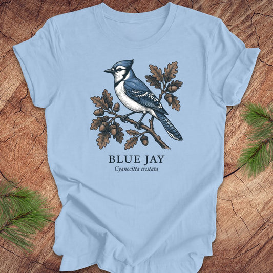 Light blue t-shirt with a blue jay illustration on a wooden surface
