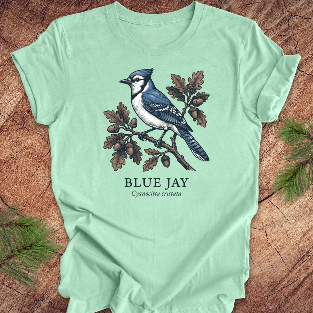 Light green t-shirt with a blue jay graphic and text on a wooden surface.