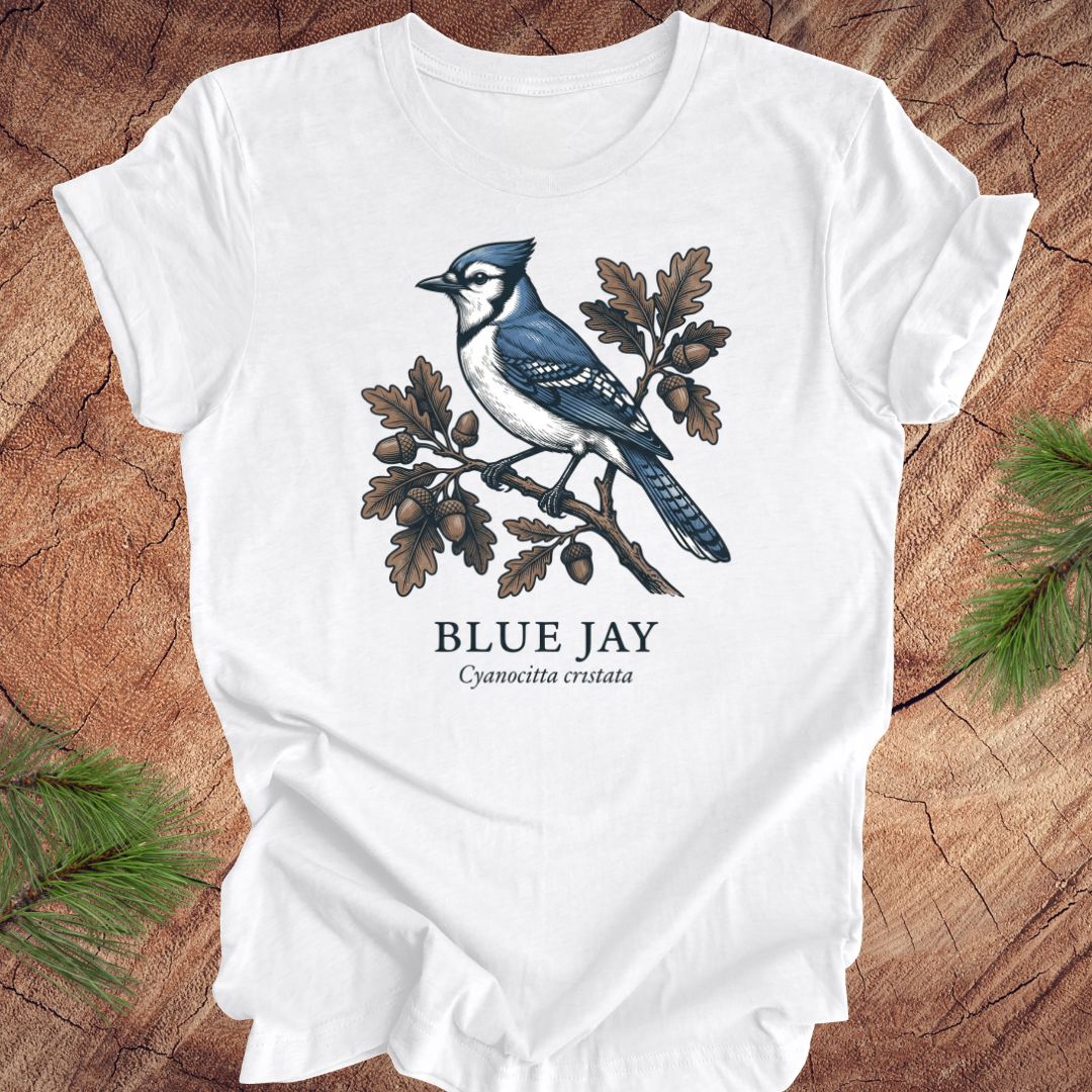 White t-shirt with a blue jay graphic and text on a wooden surface