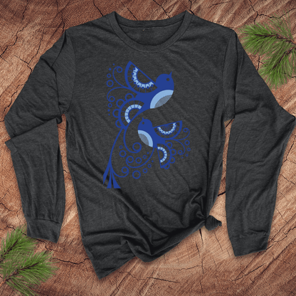 Dark gray long-sleeve shirt with blue abstract bird design on a wooden surface