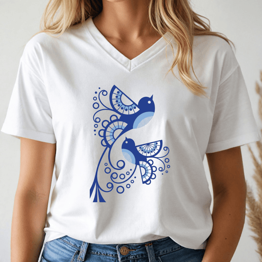Blue Lovebirds V - neck Tee - Wandering Owl Adventure Gear