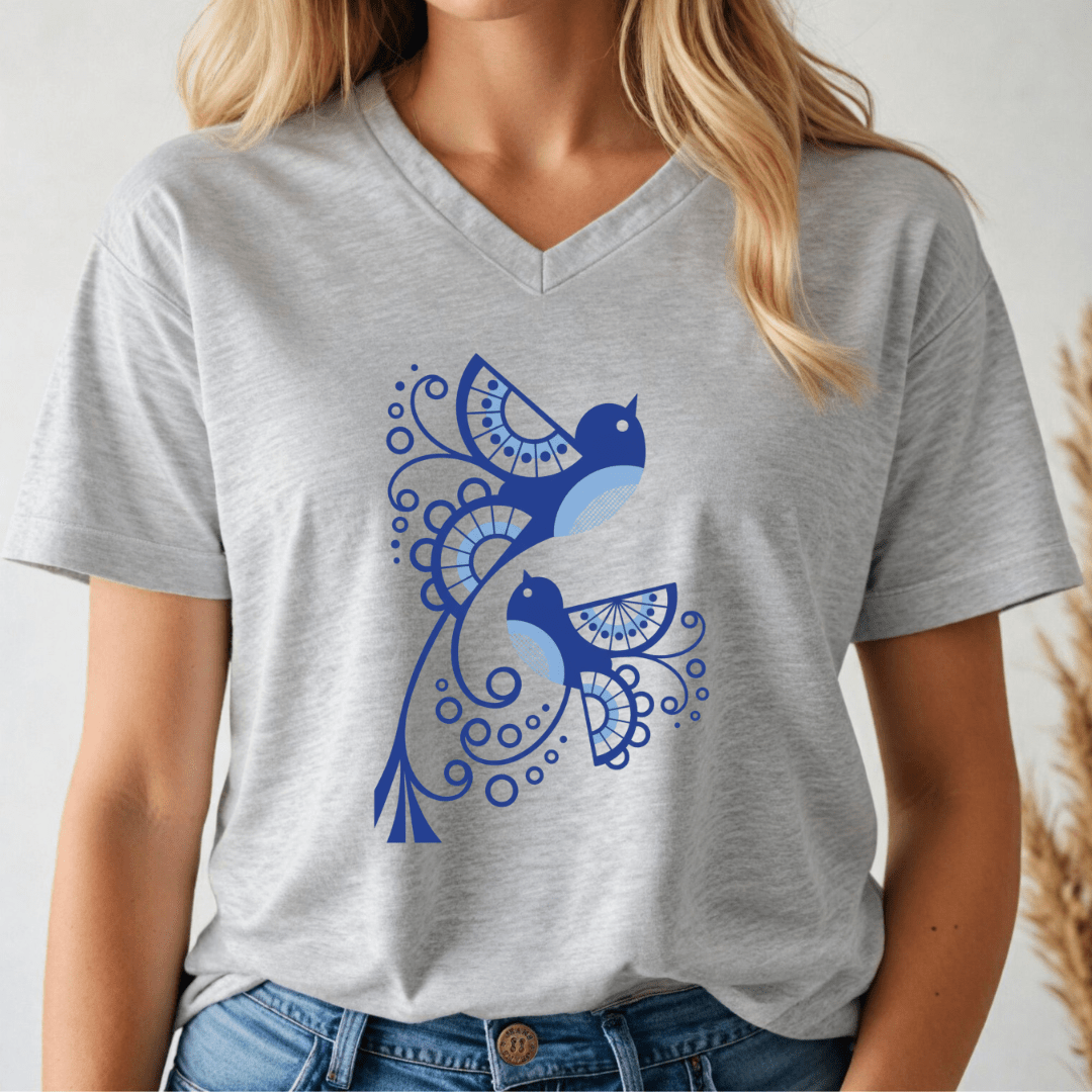 Blue Lovebirds V - neck Tee - Wandering Owl Adventure Gear