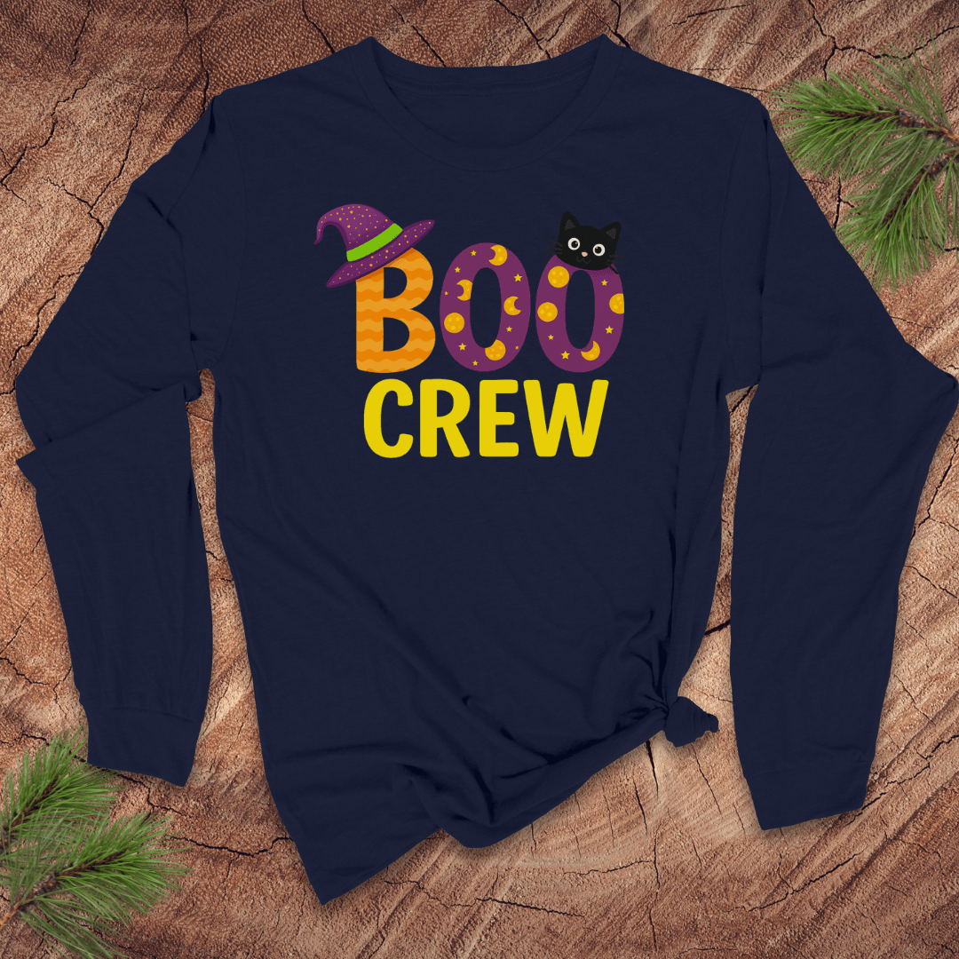 Navy blue long sleeve tshirt with 'BOO CREW' text and Halloween graphics on a wooden surface.