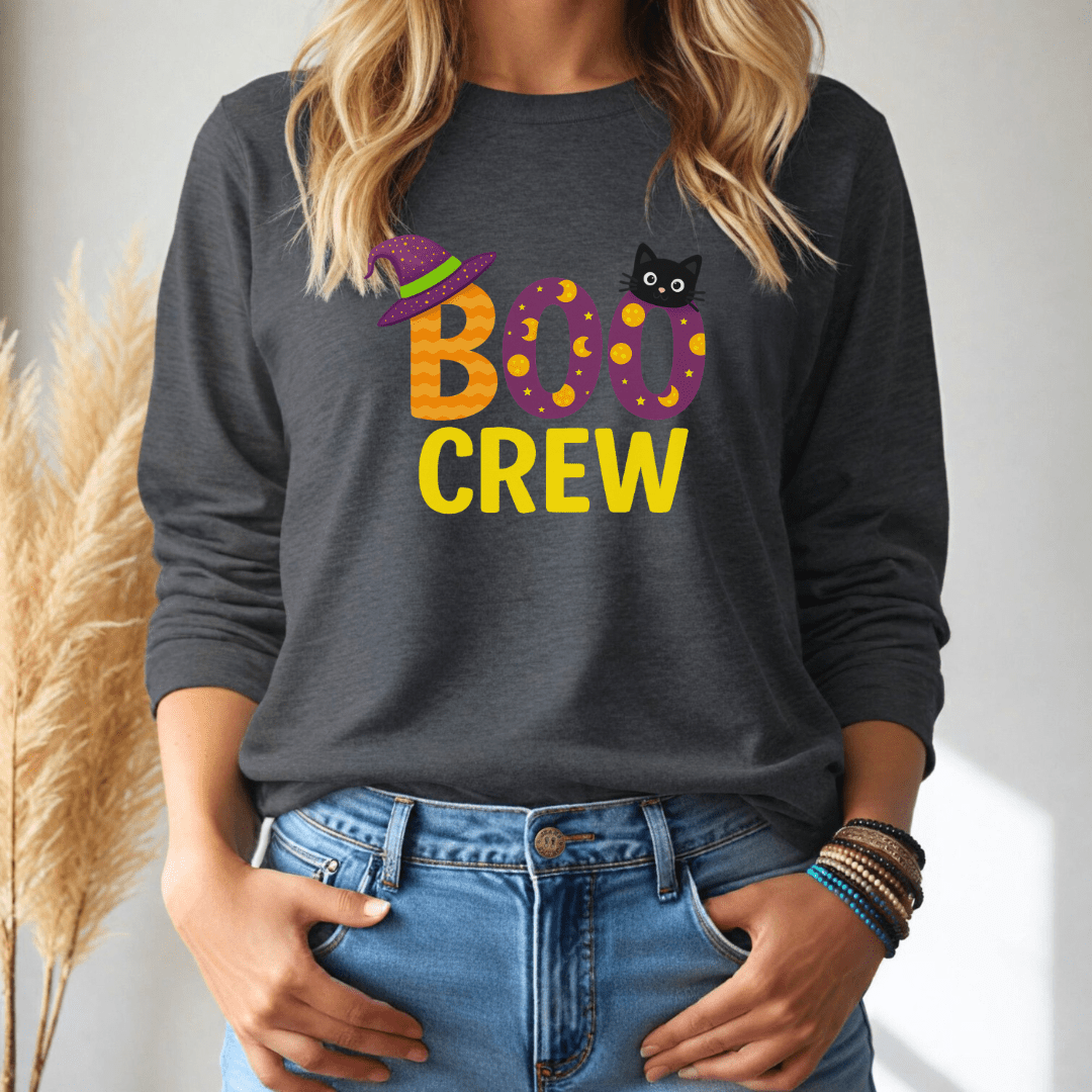 Person wearing a dark gray long sleeve shirt with 'BOO CREW' text and Halloween graphics.