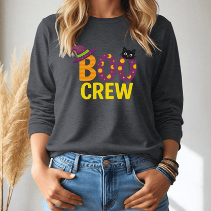 Person wearing a dark gray long sleeve shirt with 'BOO CREW' text and Halloween graphics.