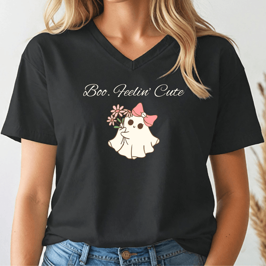 Boo. Feelin' Cute Ghost V - Neck Tee - Wandering Owl Adventure Gear