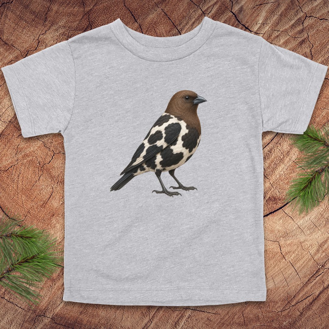 A light heather gray short-sleeve t-shirt featuring a detailed graphic of a brown and black-and-white speckled bird on the chest, laid flat on a rustic wood slice background with pine needles in the corners.