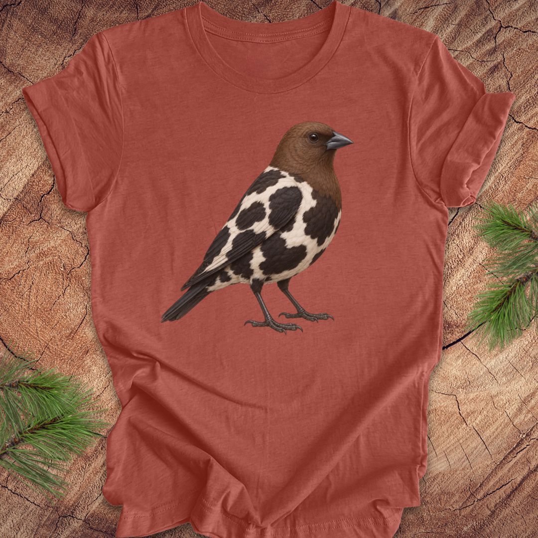 A terracotta-colored short-sleeve t-shirt featuring a detailed graphic of a brown and black-and-white spotted bird, laid flat on a rustic wood slice background with pine needles in the corners.