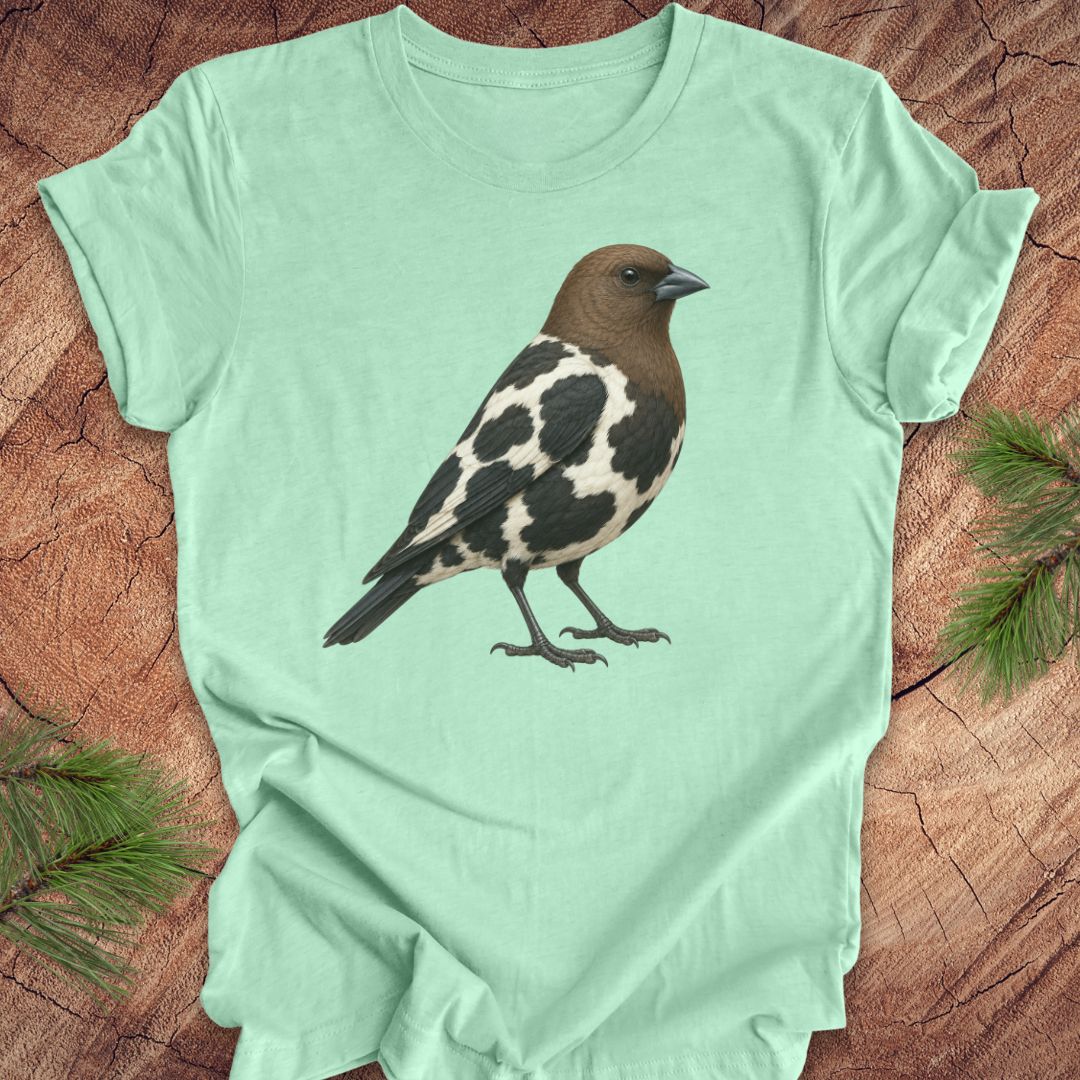 A mint green short-sleeve t-shirt featuring a detailed graphic of a bird with a brown head, black and white spotted wings, and dark legs, laid flat on a rustic wood background with pine needles in the corners.