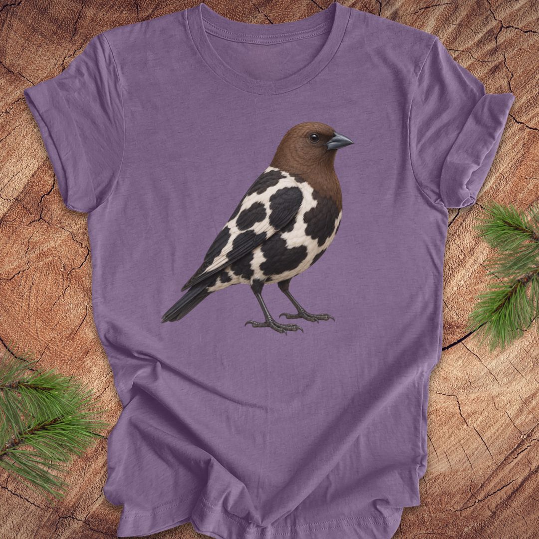 A purple short-sleeve t-shirt featuring a detailed graphic of a brown and black-and-white speckled bird, laid flat on a rustic wood slice background with pine needles in the corners.