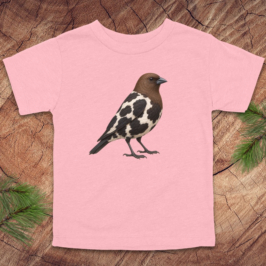 A light pink short-sleeve t-shirt featuring a graphic of a mottled brown, black, and white bird, displayed flat on a rustic wood slice background with pine needles in the corners.