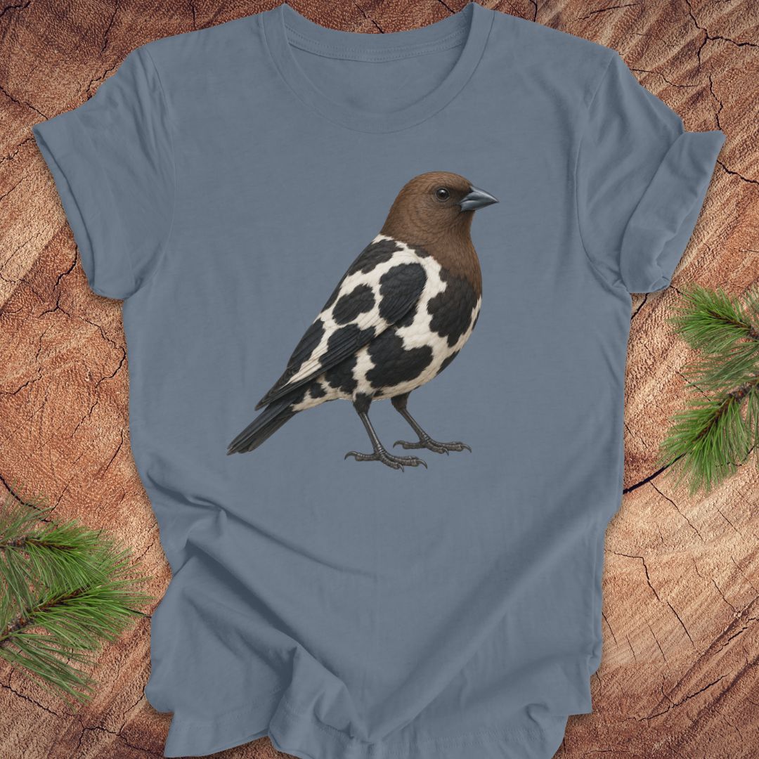 A slate blue short-sleeve t-shirt featuring a detailed graphic of a brown and black-and-white speckled bird, displayed flat on a rustic wood slice background with pine needles.