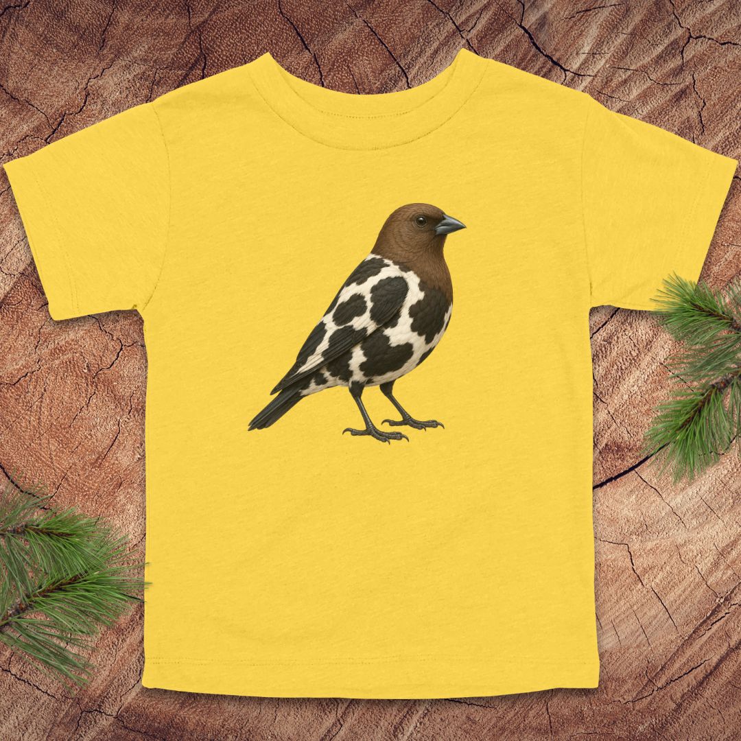 A yellow short-sleeve t-shirt featuring a graphic print of a bird with brown, black, and white plumage, laid flat on a rustic wood background with pine needles in the corners.