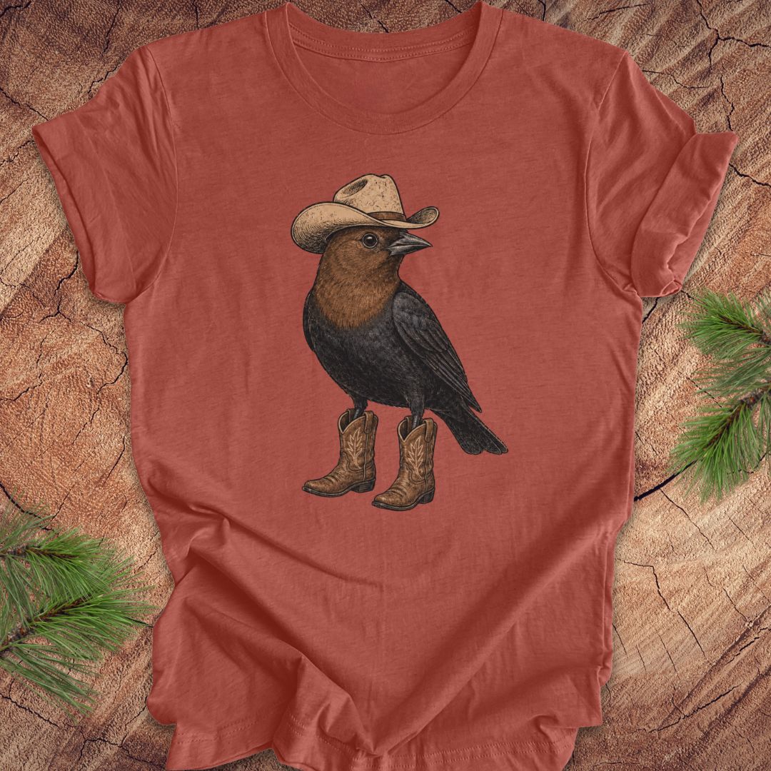 A terracotta-colored short-sleeve t-shirt featuring a graphic of a brown and black bird wearing a beige cowboy hat and matching cowboy boots, laid flat on a rustic wood background with pine needles in the corners.