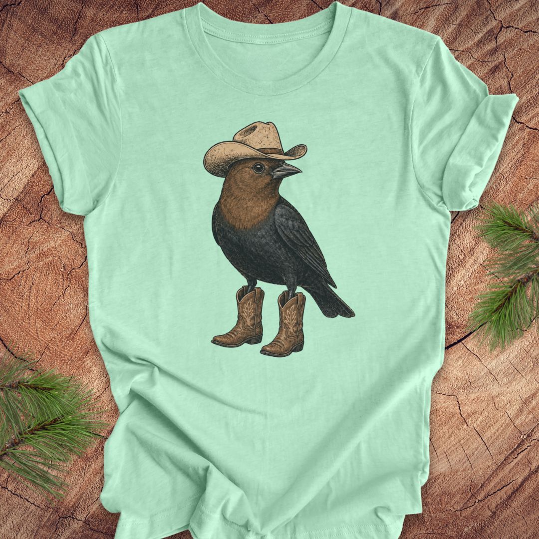A mint green short-sleeve t-shirt laid flat on a rustic wood surface, featuring a graphic of a black bird wearing a tan cowboy hat and brown cowboy boots.