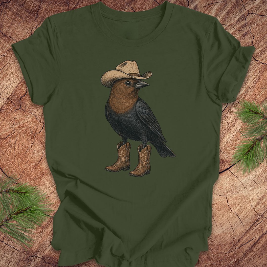 An olive green short-sleeve t-shirt featuring a graphic of a bird wearing a cowboy hat and boots, laid flat on a rustic wood background with pine needles in the corners.