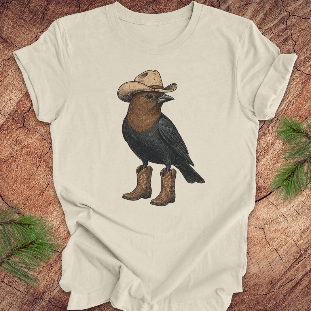 An beige t-shirt laid flat on a rustic wood background, featuring a graphic of a bird wearing a cowboy hat and boots.