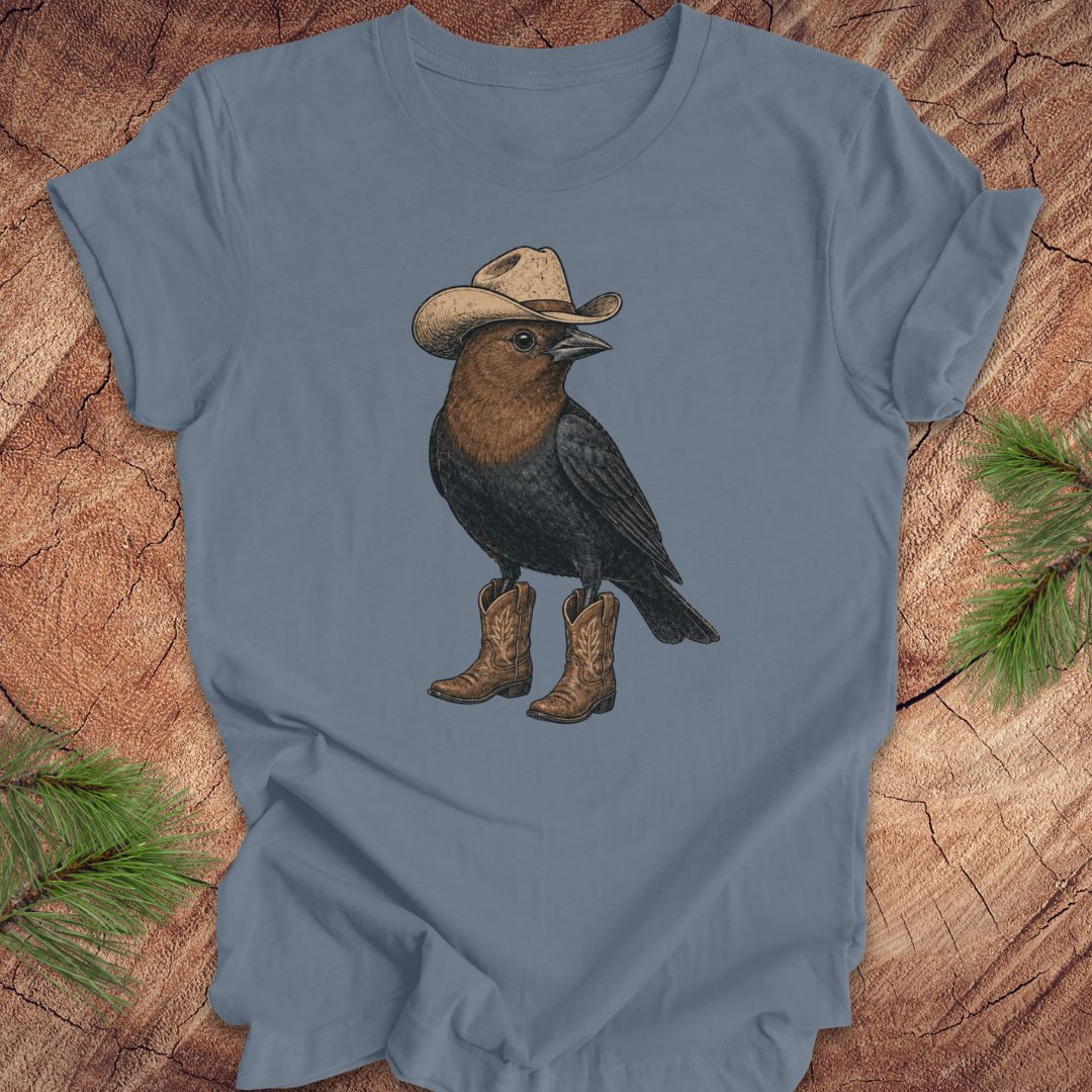 A slate blue short-sleeve t-shirt featuring a graphic of a bird wearing a cowboy hat and boots, laid flat on a rustic wood background with pine needles in the corners.