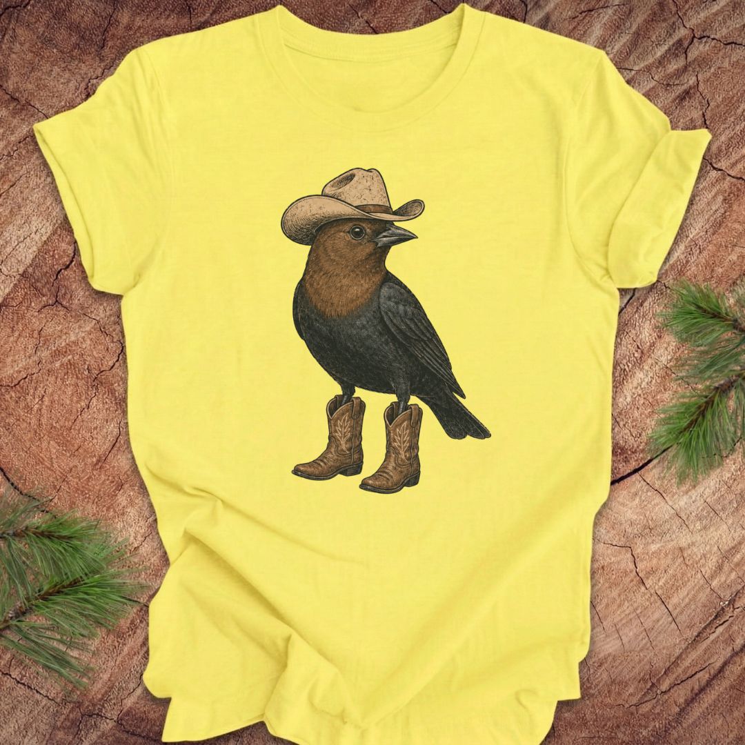 A bright yellow short-sleeve t-shirt laid flat on a rustic wood surface, featuring a graphic of a bird wearing a cowboy hat and boots.