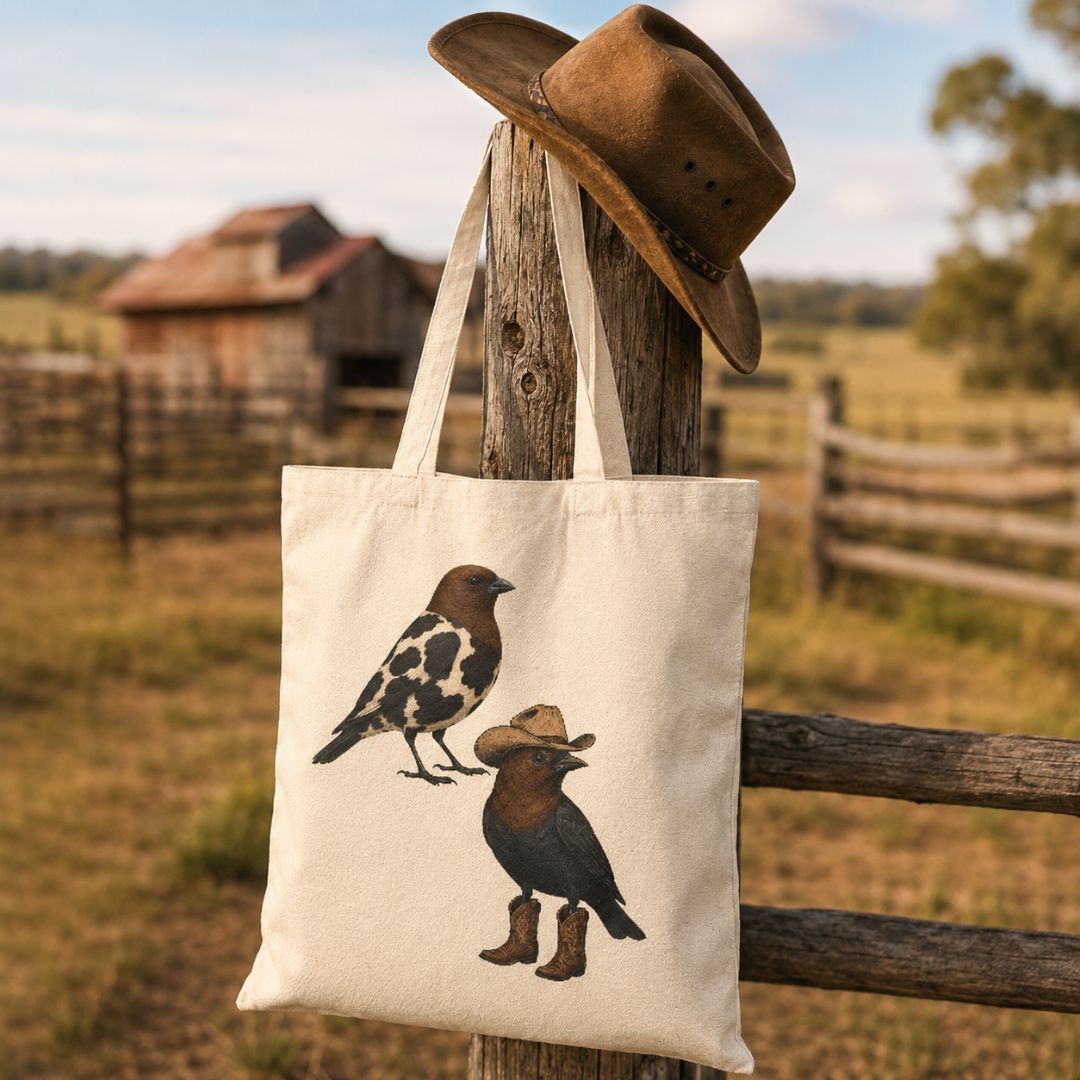 An off-white canvas tote bag with a printed illustration of two birds, hanging from a rustic wooden fence post in an outdoor farm setting. A brown cowboy hat is resting on the post above the bag.