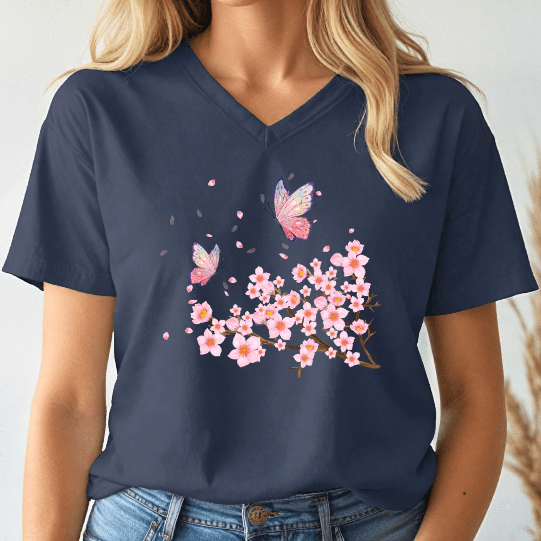 Butterflies and Cherry Blossoms V - neck Tee - Wandering Owl Adventure Gear