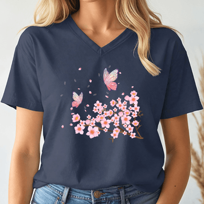 Butterflies and Cherry Blossoms V - neck Tee - Wandering Owl Adventure Gear